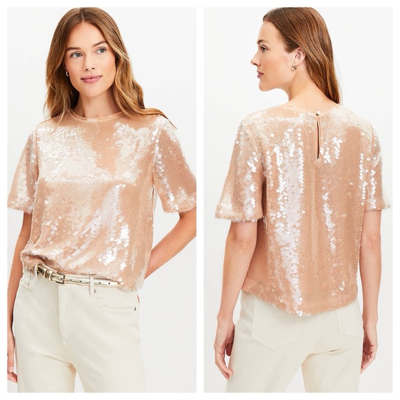 LOFT Tops - LOFT sequin top tee quiet beige neutral NYE fancy going out NWT medium petite